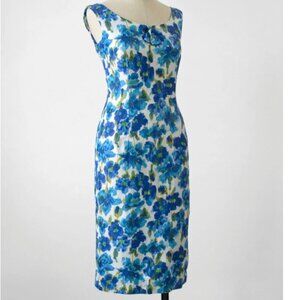 Vintage 1950s Dress /  Blue Floral Print / 50s Midi Wiggle Dress Small